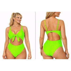 XL Neon Green Cutout Monokini One Piece Swimsuit Tie Front Tummy Control NWT